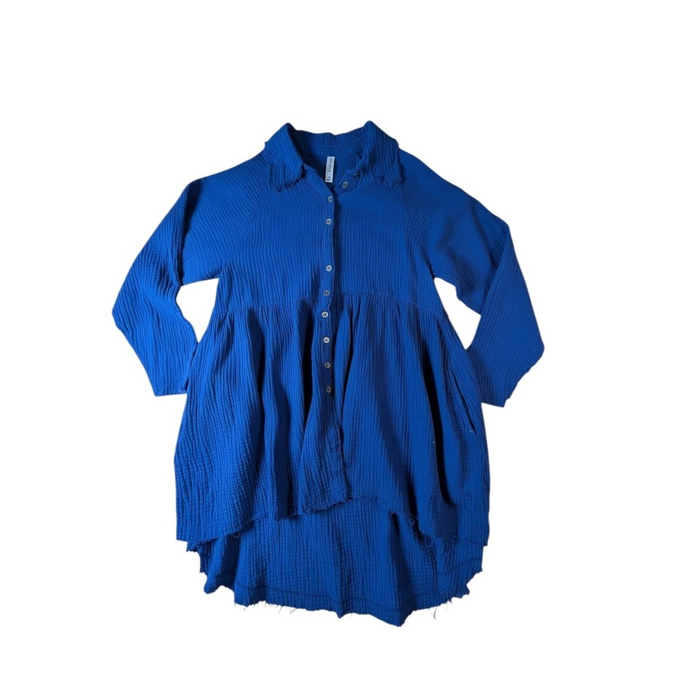 Zenana Womens Blue Cotton Gauze Oversized Babydoll Shirt Dress High Low Small